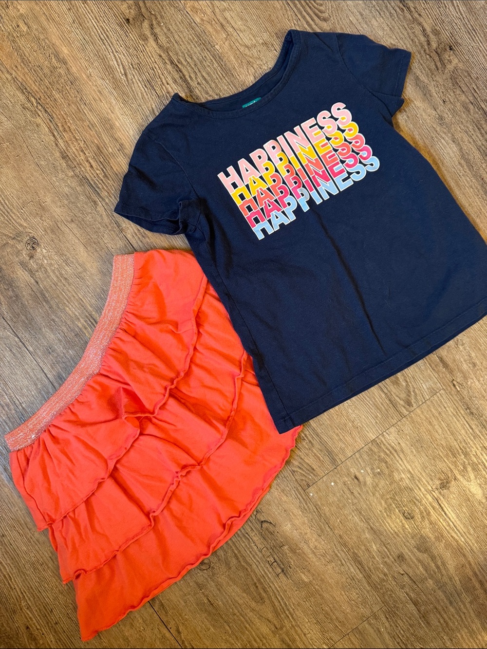 Girls Navy 'Happiness' Tee & Coral Ruffle Skirt Matching Set